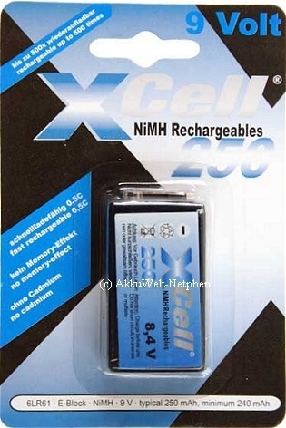 629b-a XCell 9VE-Block 6AM6 Ni-MH 250mAh im 1er-Blister