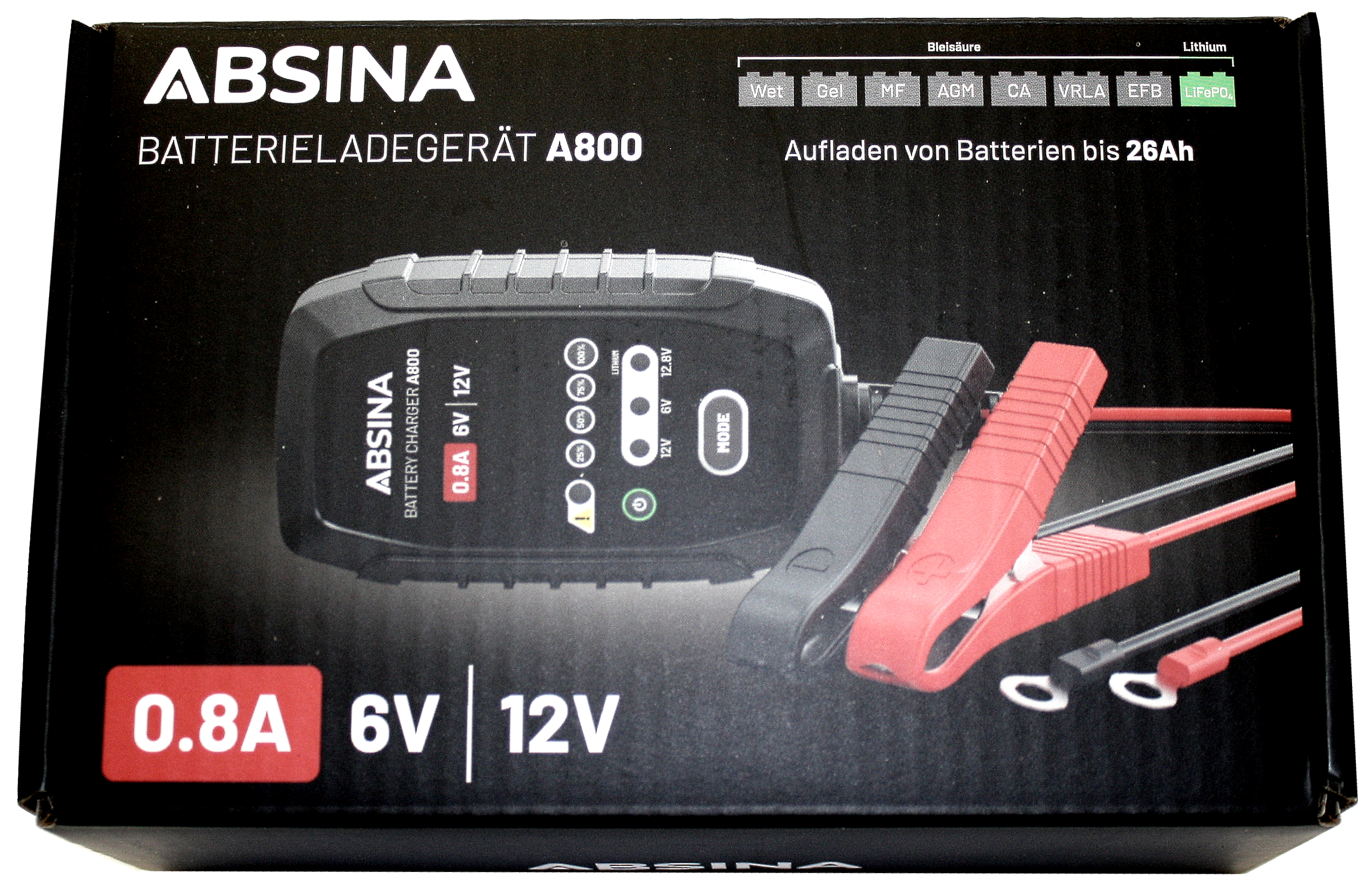 Absina Blei-/Gel-/Lithium-Ladegerät A800 7-Stufen Ladegerät 6V & 12V Akkus