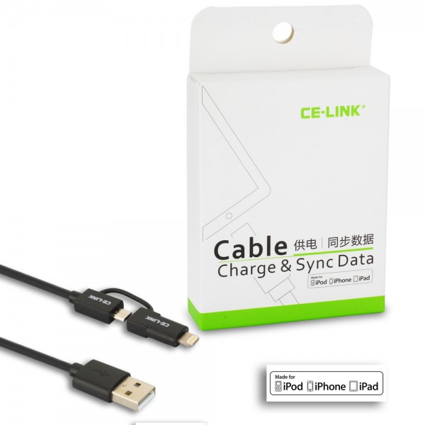 CE-LINK Lightning/MicroUSB Datenkabel schwarz Apple MFI Zertifiziert, Made for iPhone, iPad, iPod